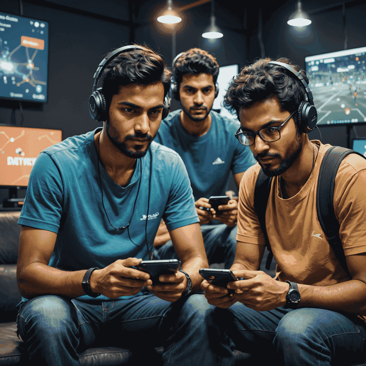 Illustration of Indian mobile gamers using smartphones with machine learning algorithms visualized in the background