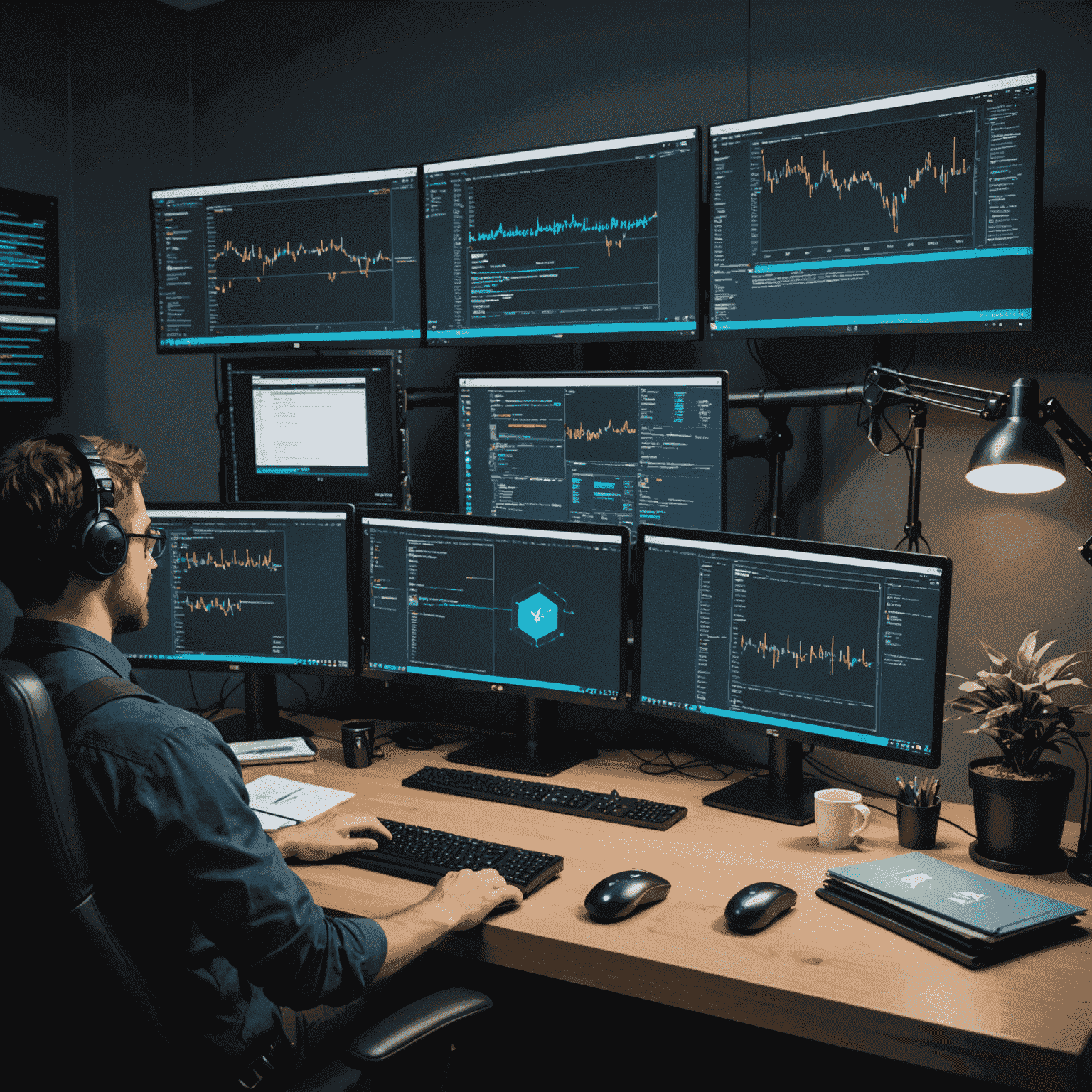 A developer's workspace with multiple screens showing code, error messages, and performance metrics, illustrating the complexities of integrating machine learning into mobile game development